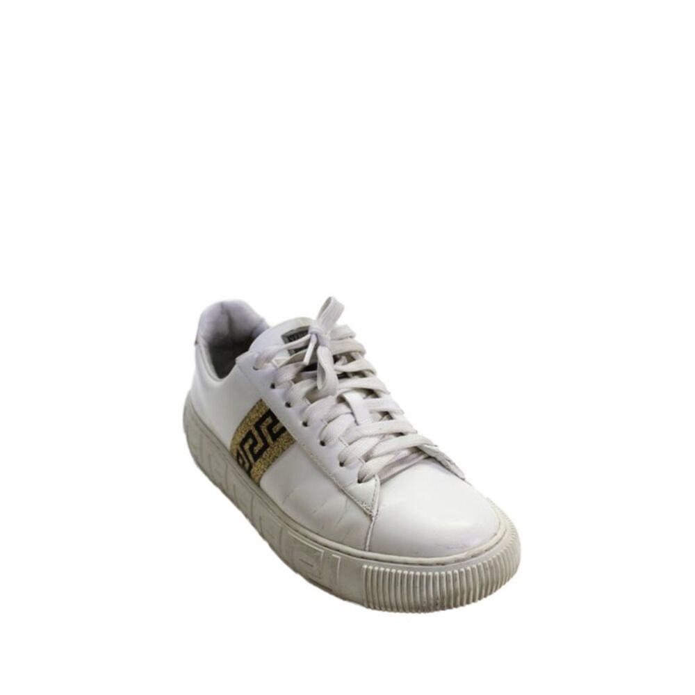 Versace Womens Leather Greca Low Top Sneakers White Gold Size 10